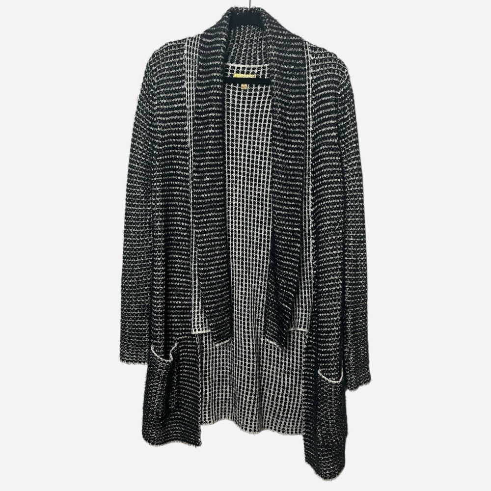 Princess Vera Wang‎ Cardigan Sweater Womens Black White Silver Knit Fuzzy Medium